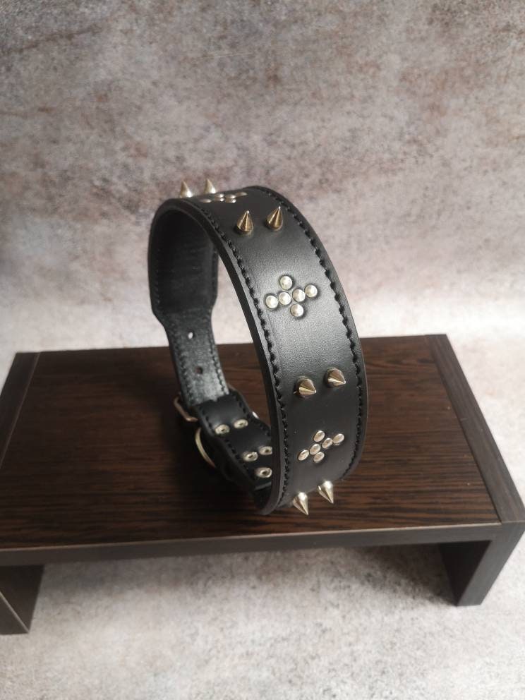 Studded Leather Dog Collar, Soft Padded Dog Collar, Black Leather Dog Collar, Spiked Dog Collar