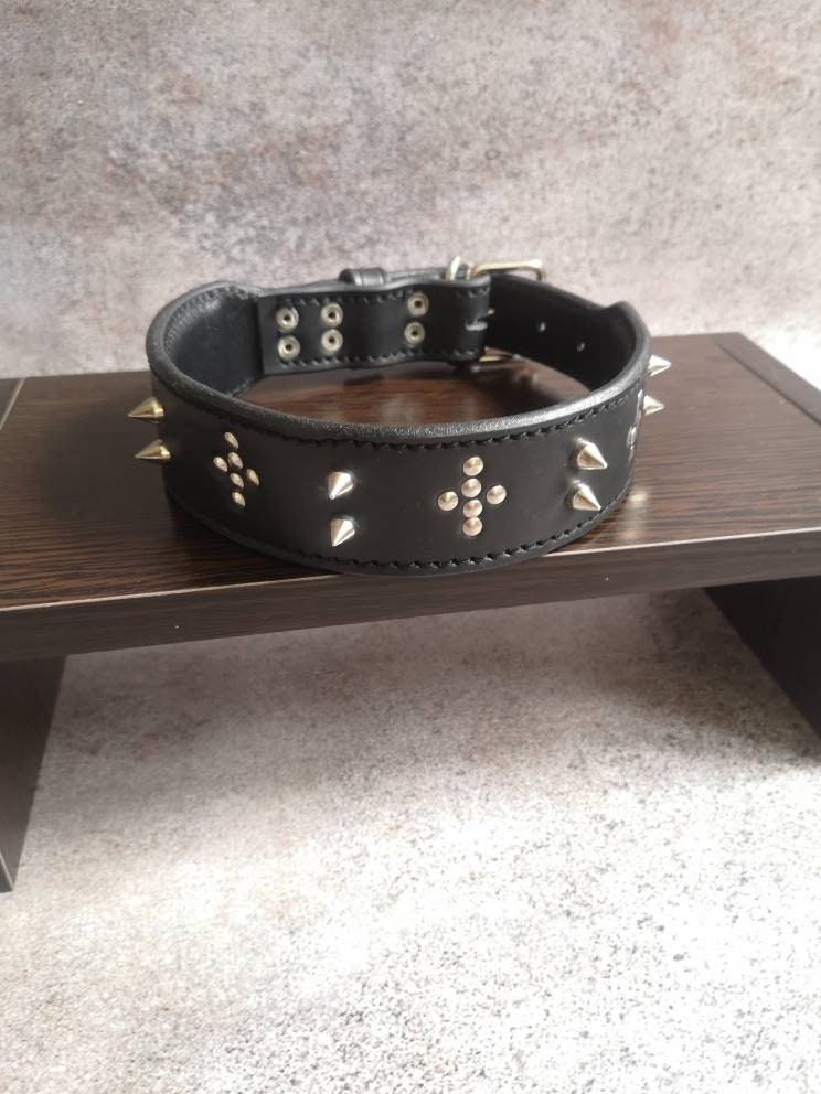 Studded Leather Dog Collar, Soft Padded Dog Collar, Black Leather Dog Collar, Spiked Dog Collar