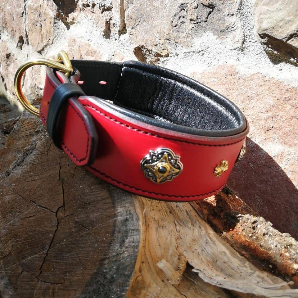 Red Leather Dog Collar, Decorated Leather Dog Collar, Soft Padded Leather Collar for Big Dog