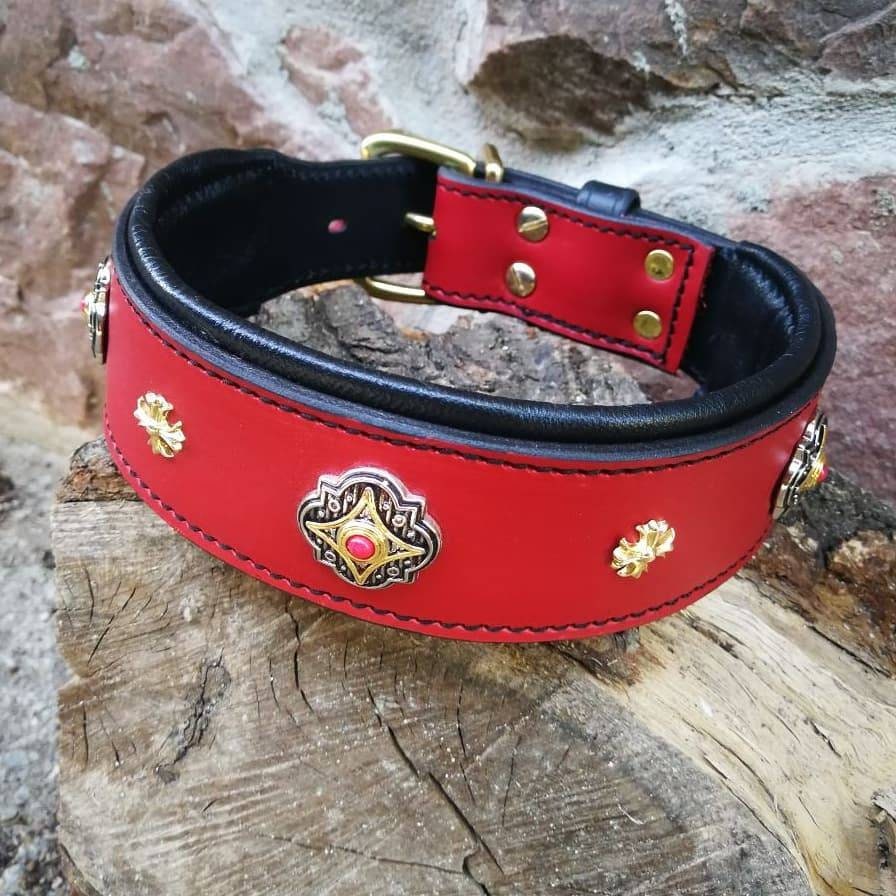 Red Leather Dog Collar, Decorated Leather Dog Collar, Soft Padded Leather Collar for Big Dog