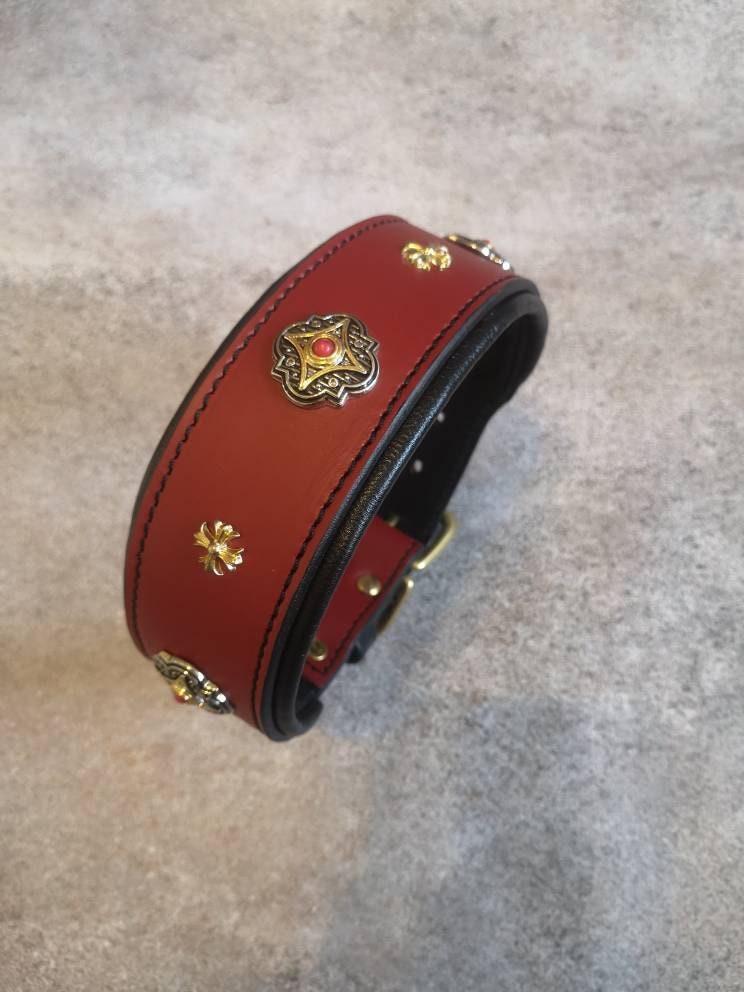 Red Leather Dog Collar, Decorated Leather Dog Collar, Soft Padded Leather Collar for Big Dog