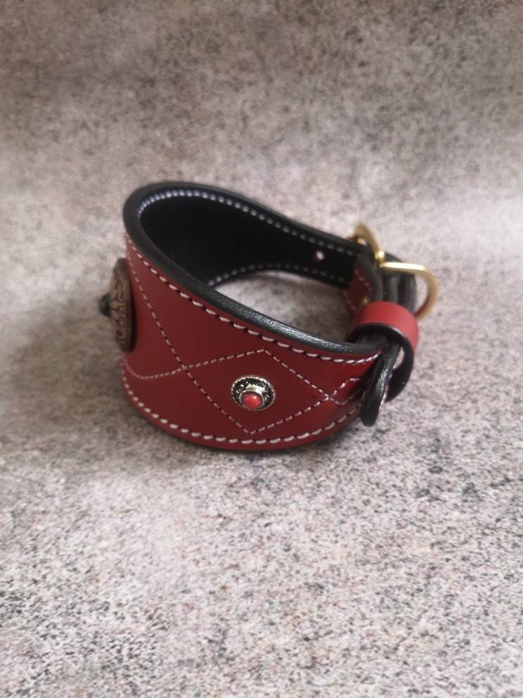 Red Leather Greyhound Collar Decorated