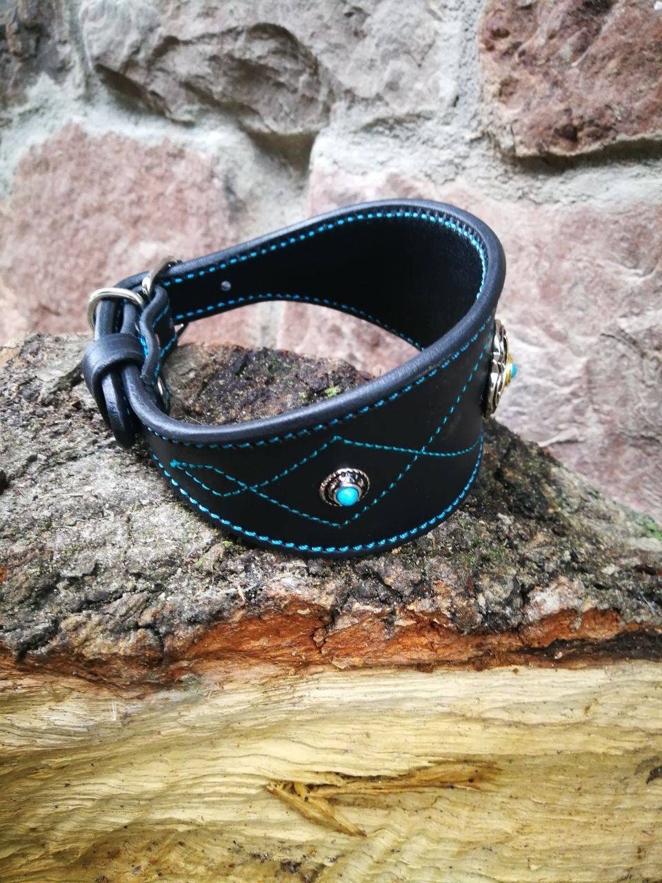 Grey Hound Collar Decorated Faux Turquoise Stones