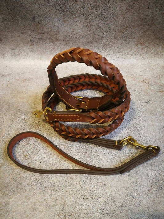 Leather Braided Dog Collar and Leash Set, Luxury Leather Dog Collar and Leash Set with Braiding, Brown Braided Collar for dog