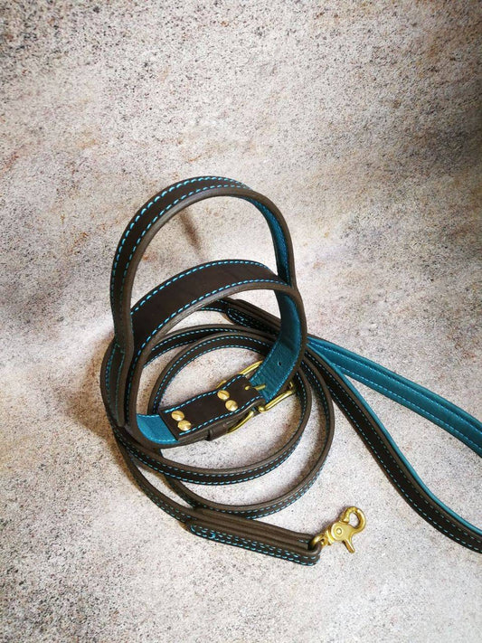 Brown and Turquoise Leather Dog Collar and Leash Matching Set, Leather Dog Collar and Leash, Dog Collar with Handle and Leash, Leash Collar