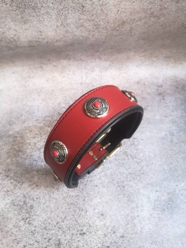 Red Leather Dog Collar with Decor, Leather Dog Collar with Conchos, Decorated Leather Dog Collar, Big Dog Collar, Wide Dog Collar for Dogs