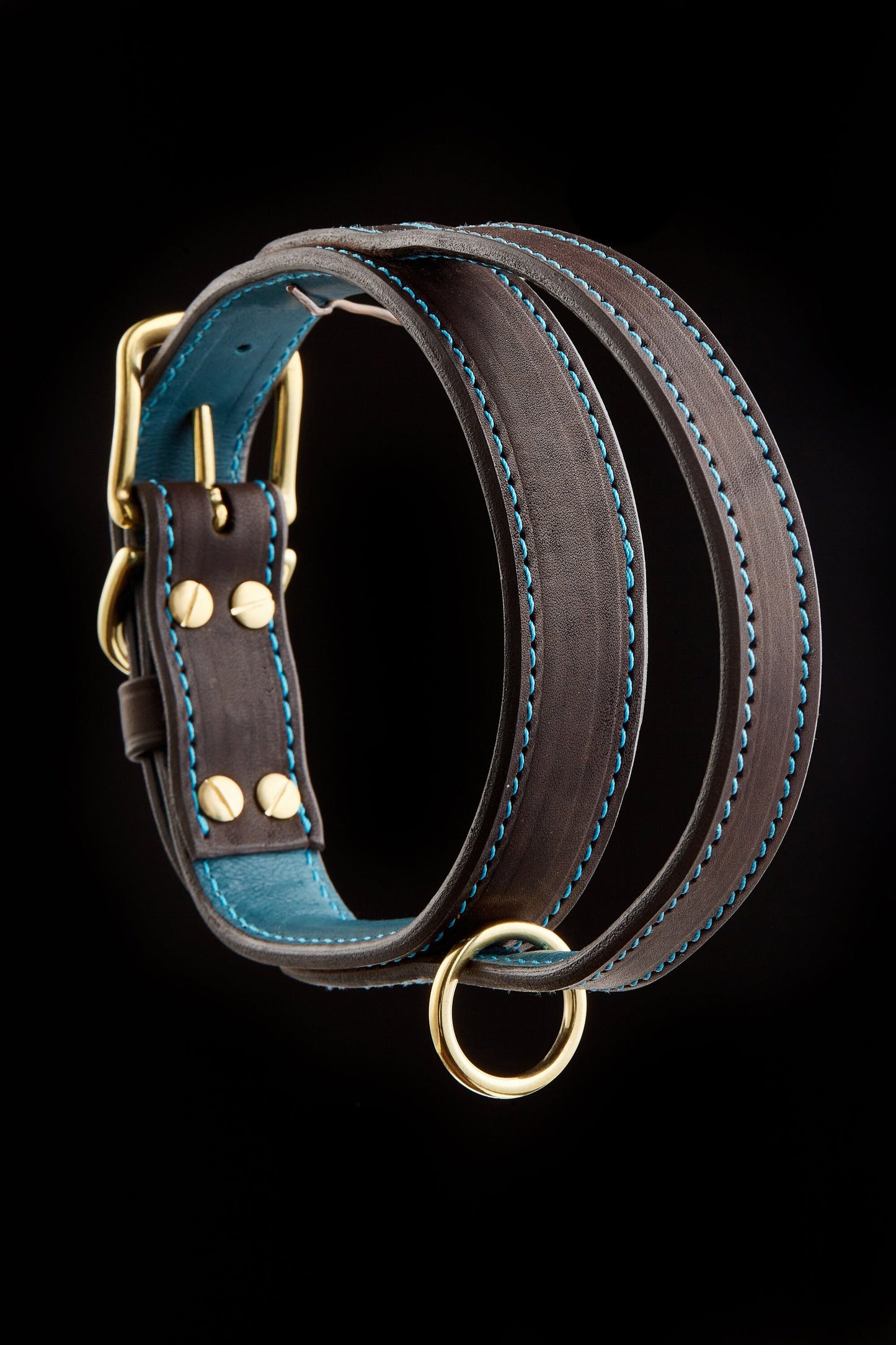 Turquoise Leather Dog Collar with Handle, Ultimate Control Dog Collar, Handle with Ring Dog Collar, Turquoise Collar for Big Dog, Brass Ring