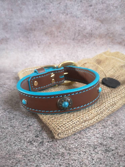Turquoise Leather Dog Collar, Small Dog Collar, Medium Dog Collar, Small Breeds Leather Collar, Turquoise Beaded Dog Collar, Custom Collar