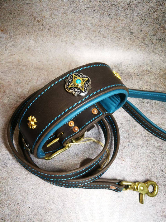 Turquoise Jeweled Leather Dog Collar and Leash Set, Matching Collar and Leash, Custom Dog Leash and Collar with Decor, Turquoise Set for Dog