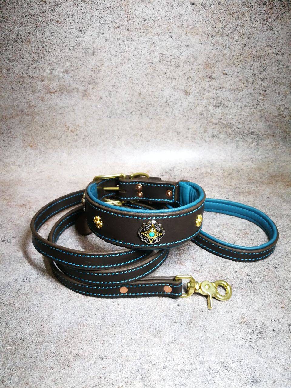 Turquoise Jeweled Leather Dog Collar and Leash Set, Matching Collar and Leash, Custom Dog Leash and Collar with Decor, Turquoise Set for Dog