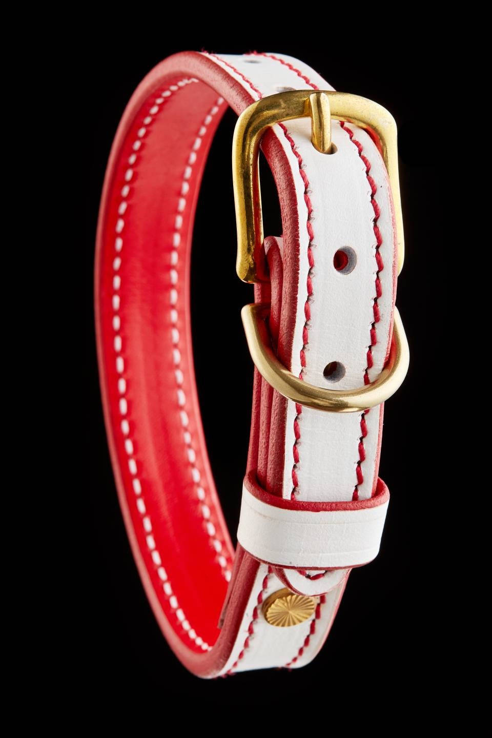 White Red Leather Small Dog Collar, Thin Dog Collar in White Leather, Solid Brass Fitting Leather Dog Collar, Small Breed Leather Collar