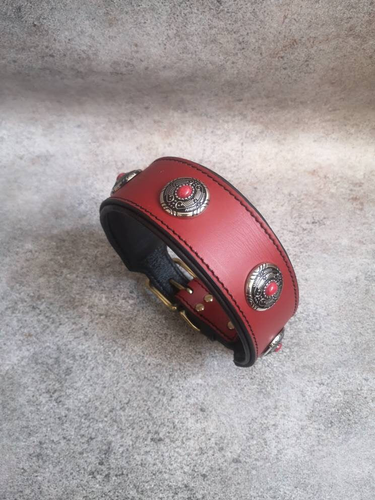 Red Leather Dog Collar with Decor, Leather Dog Collar with Conchos, Decorated Leather Dog Collar, Big Dog Collar, Wide Dog Collar for Dogs