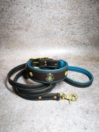 Turquoise Jeweled Leather Dog Collar and Leash Set, Matching Collar and Leash, Custom Dog Leash and Collar with Decor, Turquoise Set for Dog