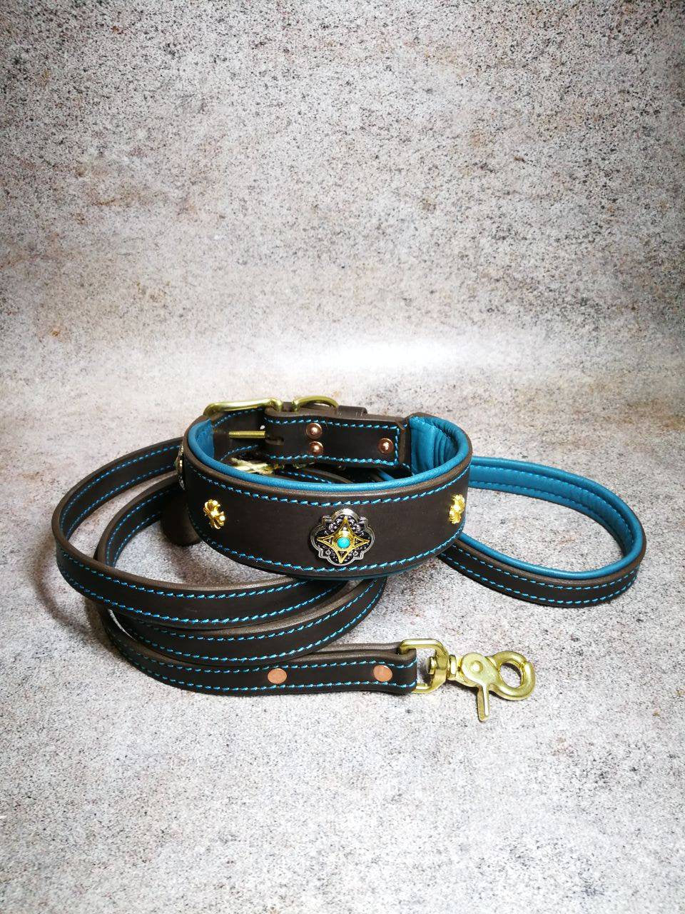Turquoise Jeweled Leather Dog Collar and Leash Set, Matching Collar and Leash, Custom Dog Leash and Collar with Decor, Turquoise Set for Dog