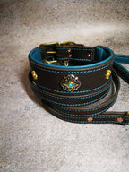 Turquoise Jeweled Leather Dog Collar and Leash Set, Matching Collar and Leash, Custom Dog Leash and Collar with Decor, Turquoise Set for Dog