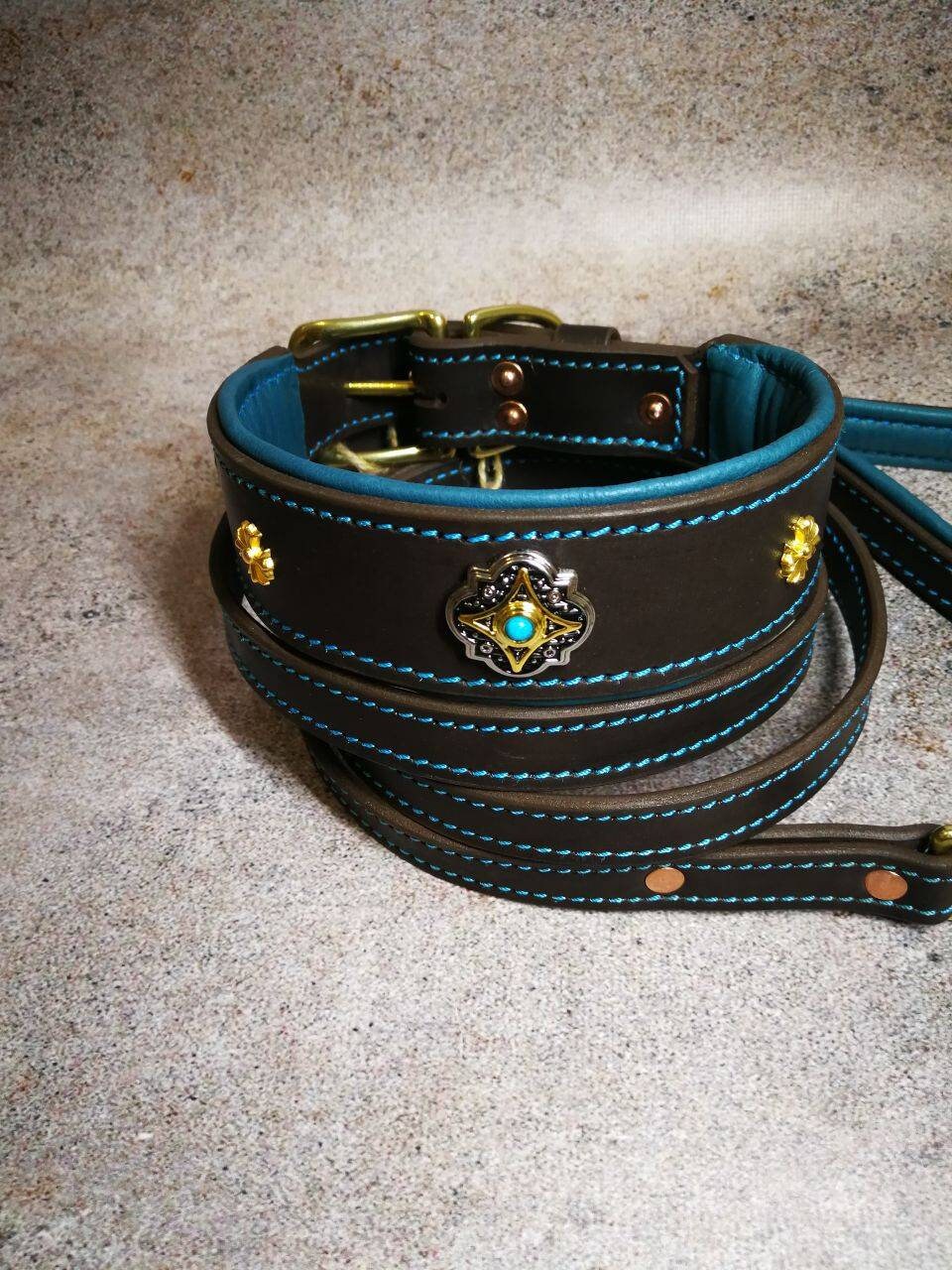 Turquoise Jeweled Leather Dog Collar and Leash Set, Matching Collar and Leash, Custom Dog Leash and Collar with Decor, Turquoise Set for Dog