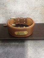 Personalized Wide Leather Dog Collar with Brass ID Tag Name Plate and Brass Buckle, 6 cm Wide Brown Tan Leather Dog Collar with Name