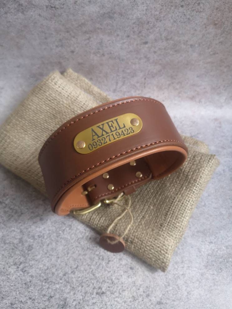 Personalized Wide Leather Dog Collar with Brass ID Tag Name Plate and Brass Buckle, 6 cm Wide Brown Tan Leather Dog Collar with Name