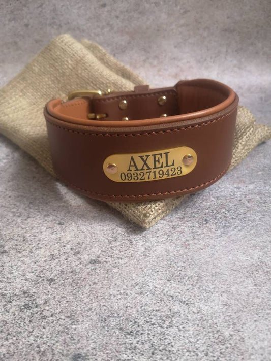 Personalized Wide Leather Dog Collar with Brass ID Tag Name Plate and Brass Buckle, 6 cm Wide Brown Tan Leather Dog Collar with Name