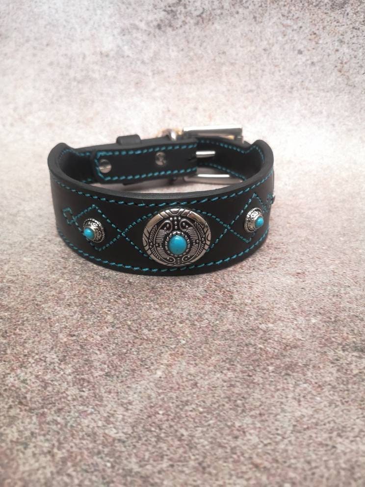 Turquoise Stones Leather Dog Collar and Leash Set with Name Plate, Decorated Dog Collar and Leash Set Genuine Black Leather and Turquoise