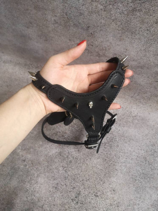 Brutalist Spikes and Skull Small Dog Leather Harness, Chihuahua Spiked Dog Collar, Leather Dog Harness Vest, Small Dog Padded Harness