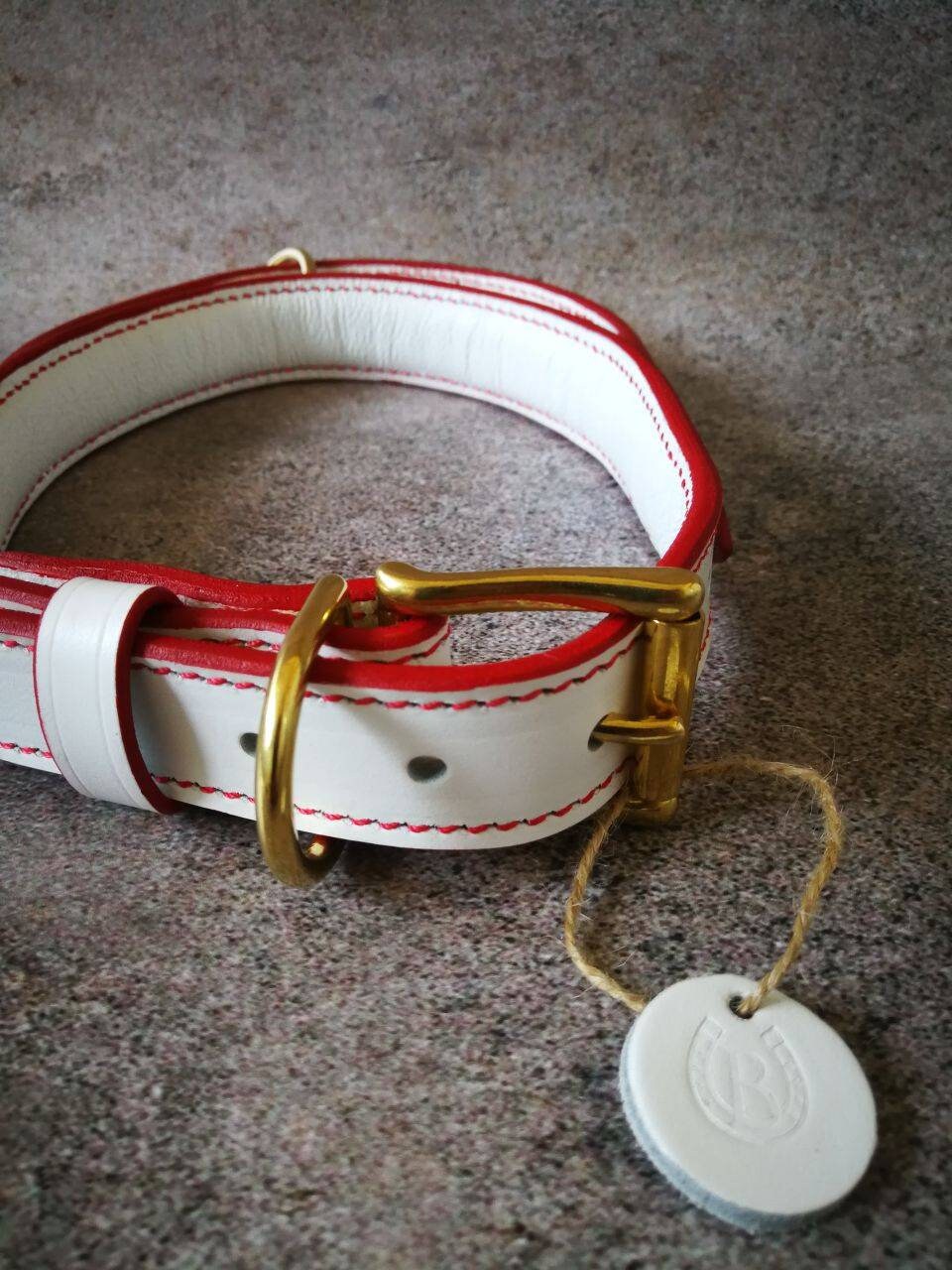 White Leather Handle Dog Collar Padded with Soft Leather, Red Accents Dog Collar, Walking Dog Collar, Custom Dog Collar, White Dog Collar