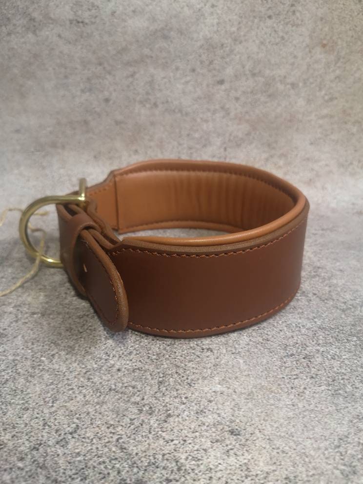 Personalized Wide Leather Dog Collar with Brass ID Tag Name Plate and Brass Buckle, 6 cm Wide Brown Tan Leather Dog Collar with Name