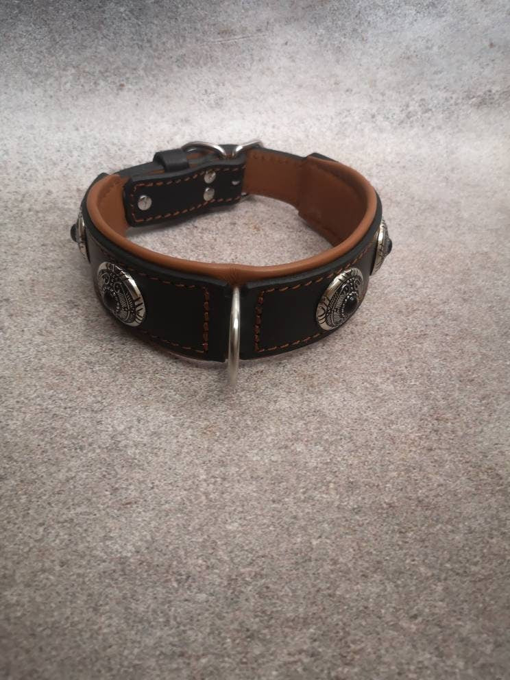 Luxury Leather Dog Collar with Black Stones Metal Conchos Padded, Stylish Black Caramel Leather Dog Collar Decorated for Medium Large Dogs