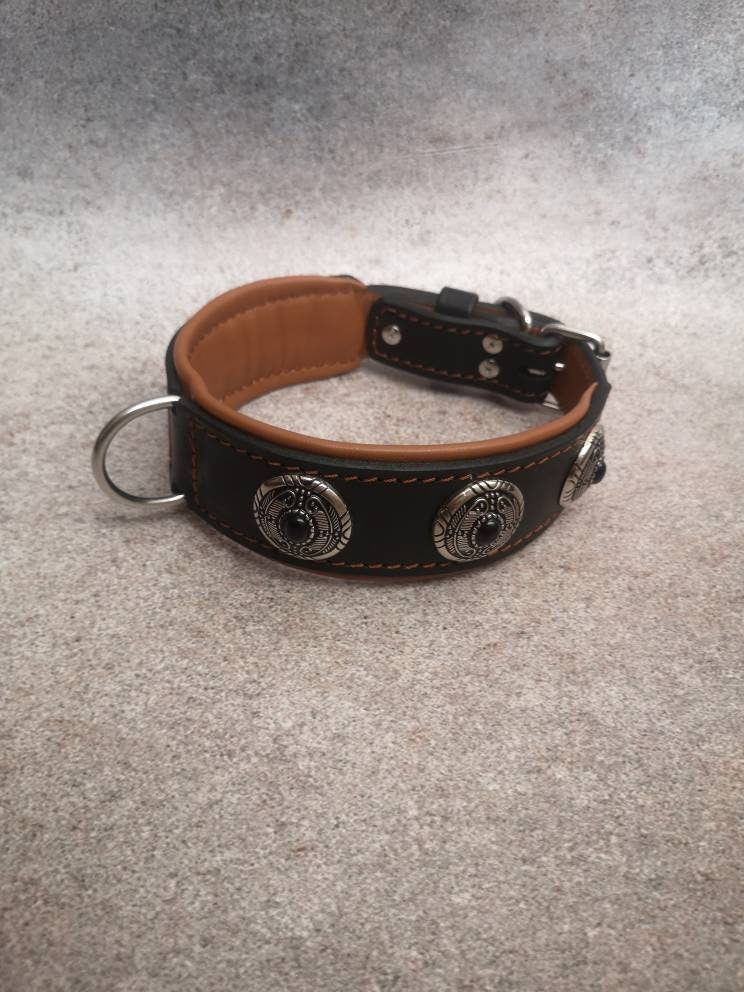 Luxury Leather Dog Collar with Black Stones Metal Conchos Padded, Stylish Black Caramel Leather Dog Collar Decorated for Medium Large Dogs