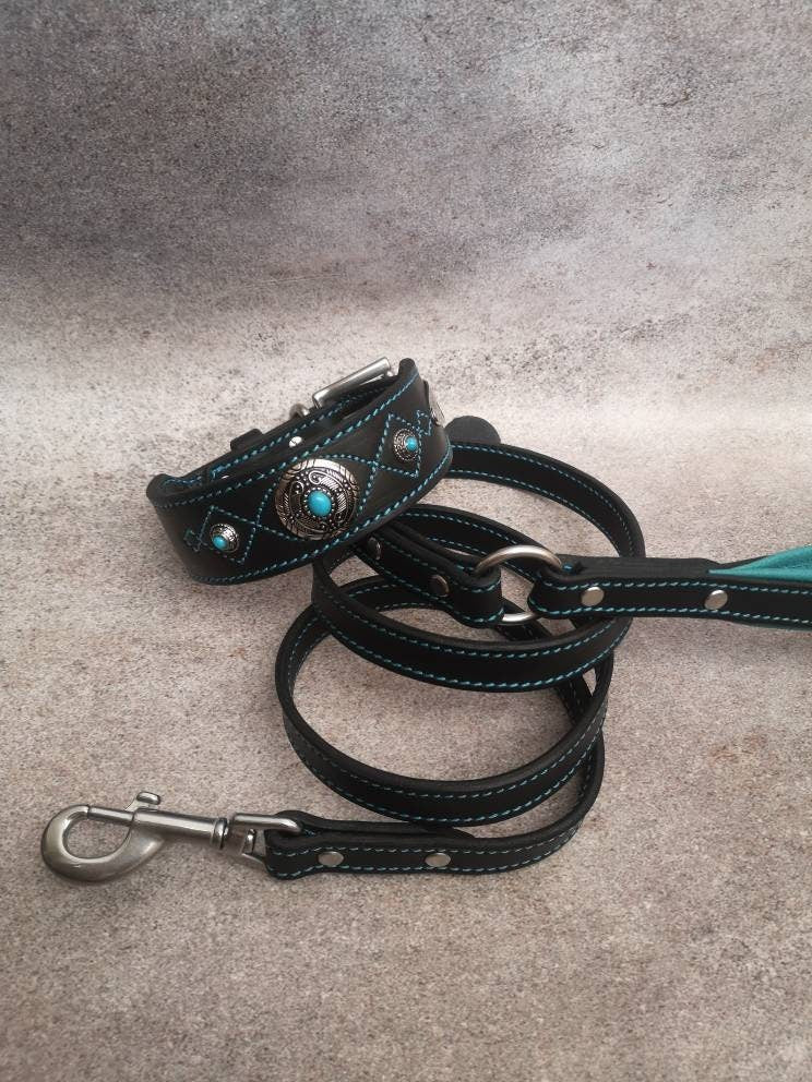 Turquoise Stones Leather Dog Collar and Leash Set with Name Plate, Decorated Dog Collar and Leash Set Genuine Black Leather and Turquoise