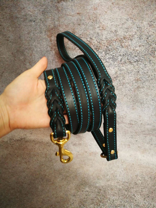 Braided Black Leather Turquoise Accent Dog Multi Purpose Custom Leash, Brass Snap 1 in Turquoise Decor Leather Dog Leash with Ring Function
