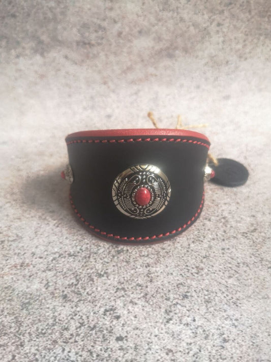 Lurcher Greyhound Whippet Saluki Leather Dog Collar Decorated, Red Black Dog Collar, Beautiful Conchos Dog Collar, Custom Dog Collar