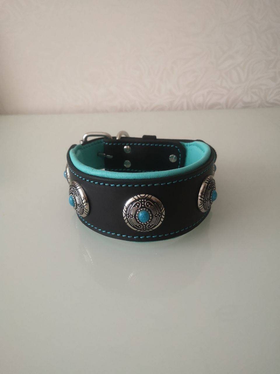 Mint Leather Dog Collar, 2 in padded collar for big dog, Luxury Leather Dog Collar, Turquoise Flower Decor Leather Collar, Custom Dog collar