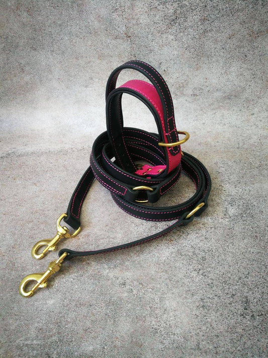 Pink and Black Leather Dog Matching Collar and Leash Set with Solid Brass Hardware, Strong Leather Brass Dog Collar stitched with pink