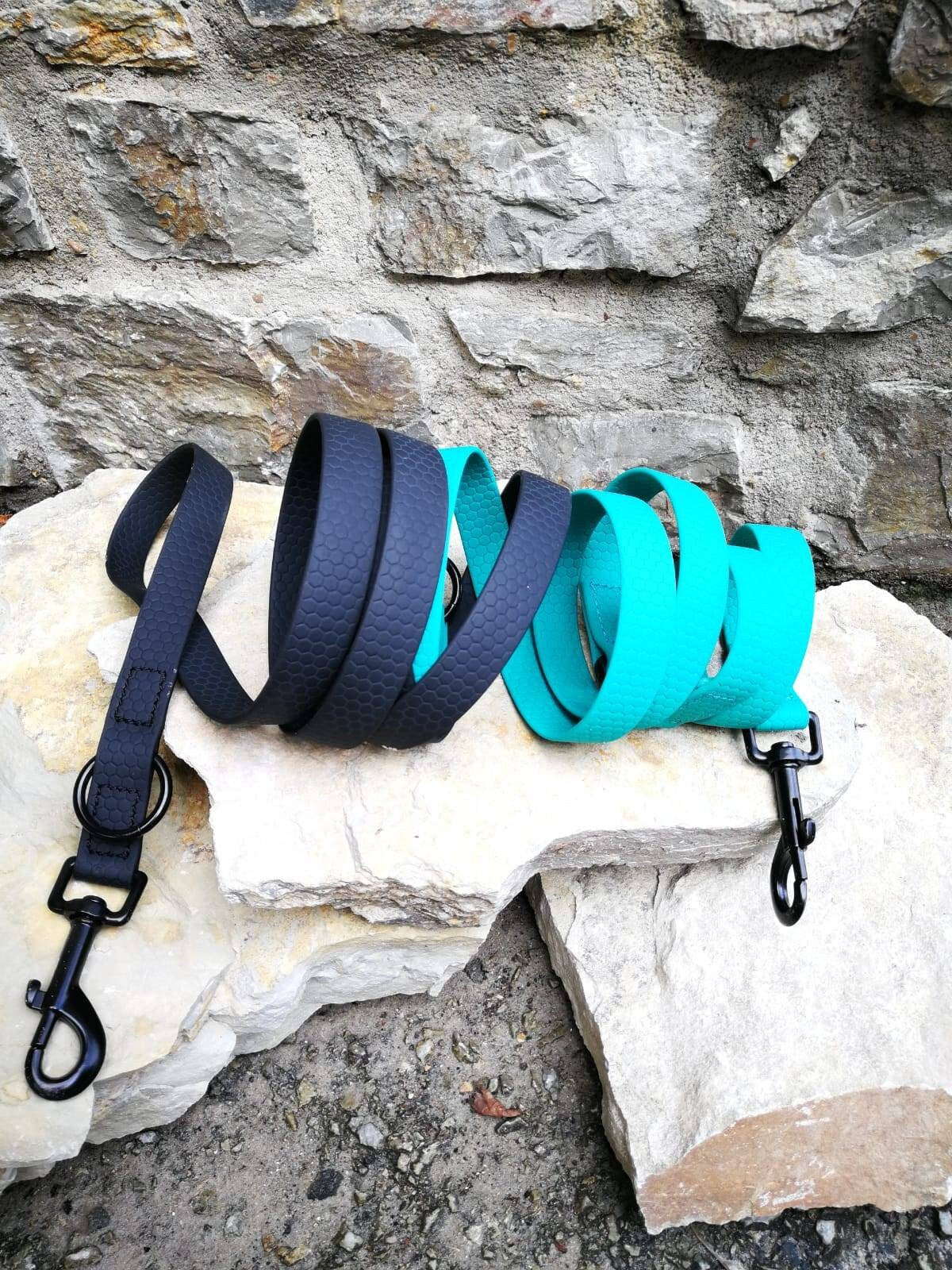 Waterproof multifunctional dog leash with black steel snaps, teal dog leash, 3/4 in or 2 cm wide dog leash, black waterproof 10 ft dog leash