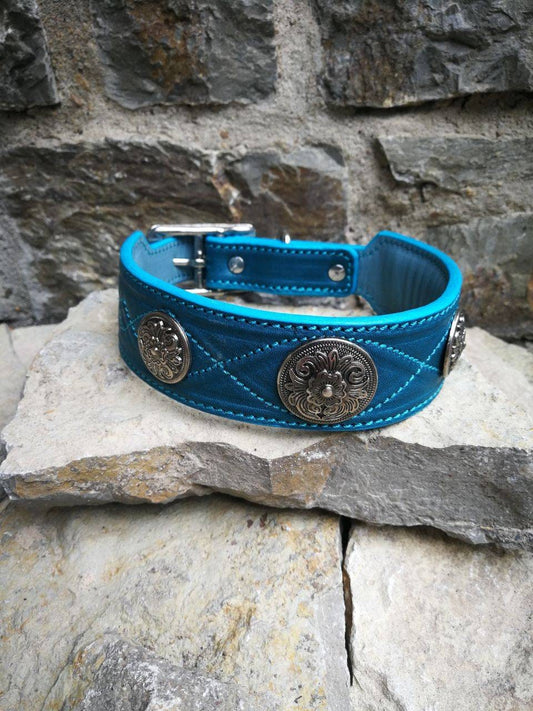Turquoise Leather Dog Collar, Vegetable tanned leather 1 5/8 in Dog Collar, 4 cm wide dog collar  Studded Dog Collar Crystal Dog Collar