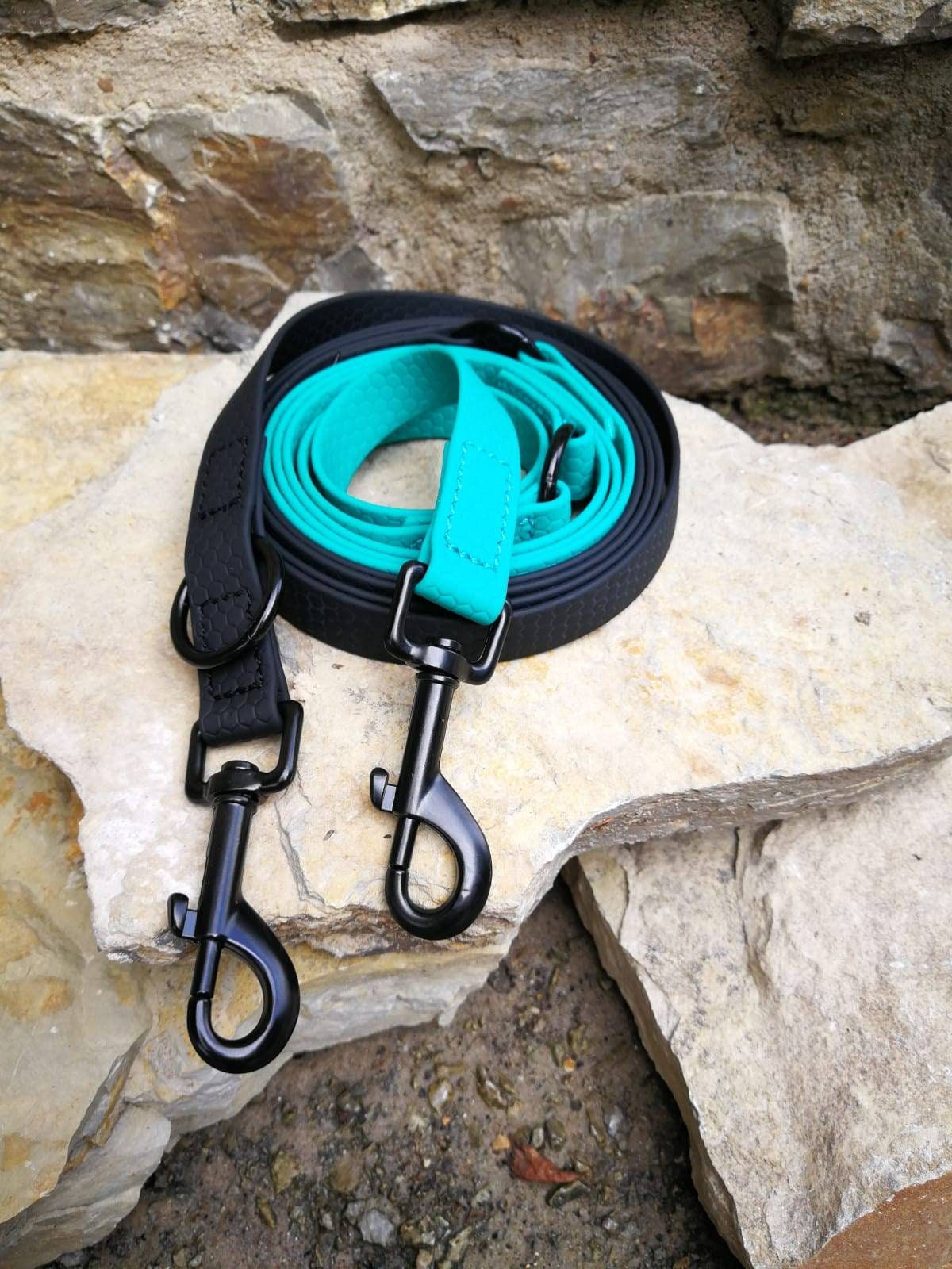 Waterproof multifunctional dog leash with black steel snaps, teal dog leash, 3/4 in or 2 cm wide dog leash, black waterproof 10 ft dog leash