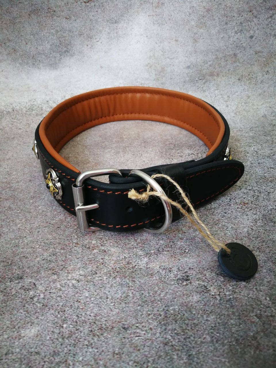 Elegant Leather Padded 2 in Wide Dog Collar for Large Breeds, Unique Leather Collar Decorated with Designer Conchos, Solid Leather Collar