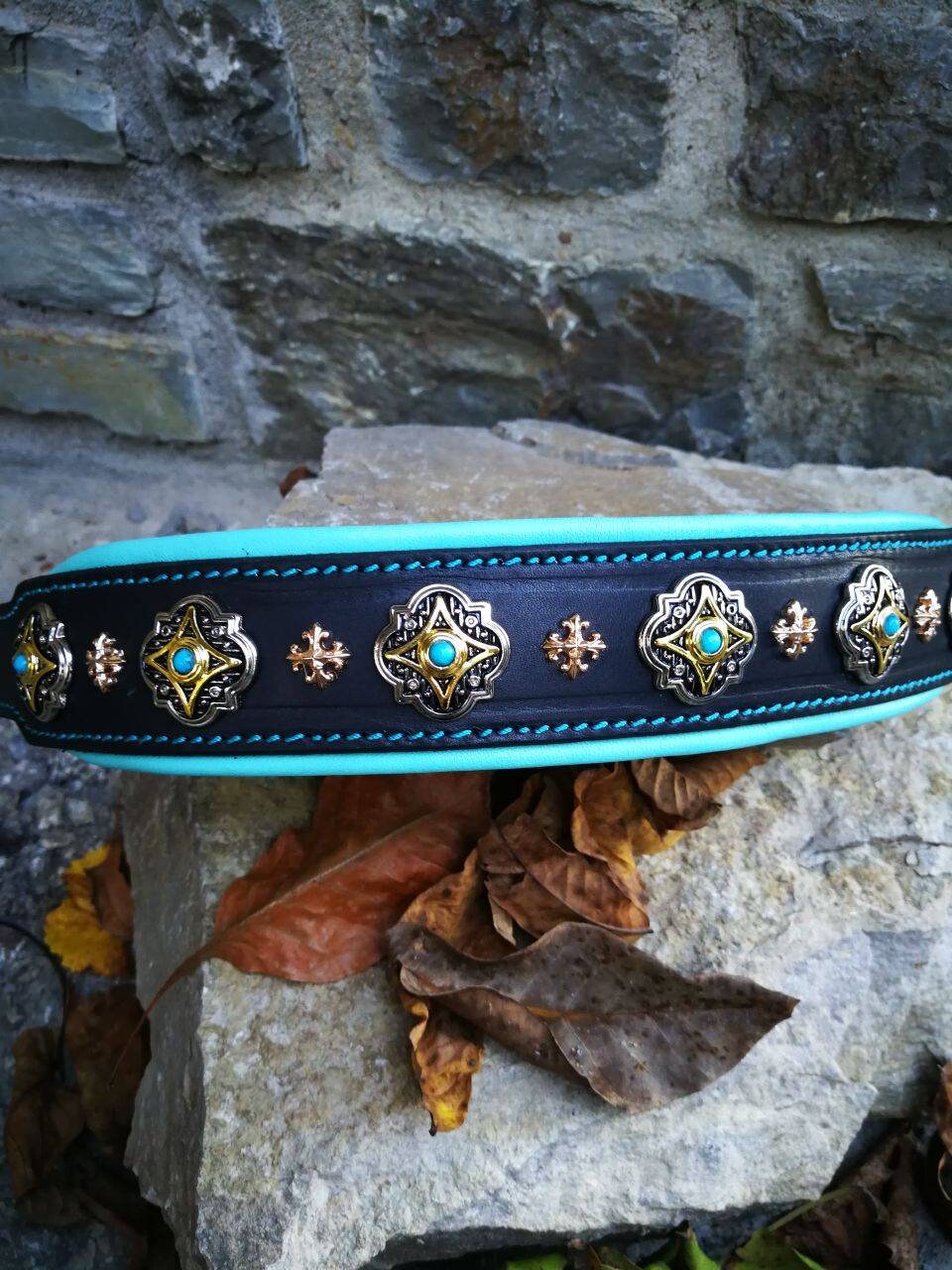 Luxury Padded Leather Dog Collar, Blue Leather Dog Collar with gold rivets, Elegant dog collar, fashion dog collar, crystal dog collar