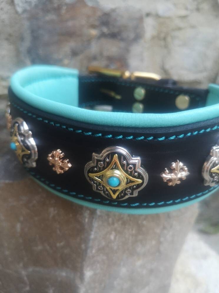 Luxury Padded Leather Dog Collar, Blue Leather Dog Collar with gold rivets, Elegant dog collar, fashion dog collar, crystal dog collar