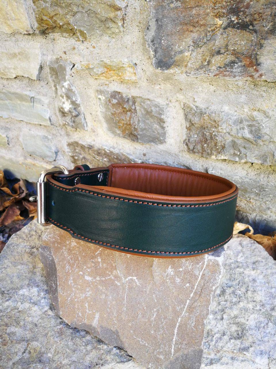 Green Leather Dog Collar Padded Brown Leather Collar Luxury Leather Dog Collar