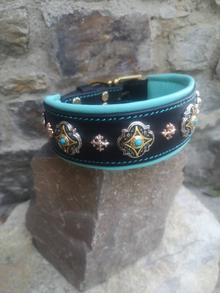 Luxury Padded Leather Dog Collar, Blue Leather Dog Collar with gold rivets, Elegant dog collar, fashion dog collar, crystal dog collar