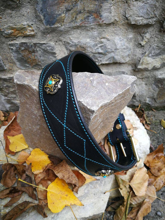 Luxury Turquoise Stitched Black Leather Dog Collar, Decorated faux Turquoise Stones Conchos,wide leather collar for dog, exclusive collar