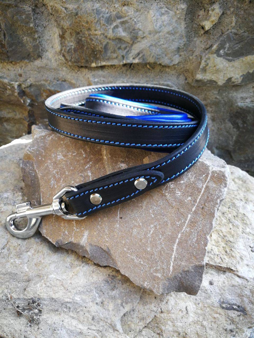 Padded Handle Dog Lead Leather Dog Leash with Cushioned Handle Blue Leather Dog Leash Comfort Dog Leash 4 foot leash READY TO SHIP