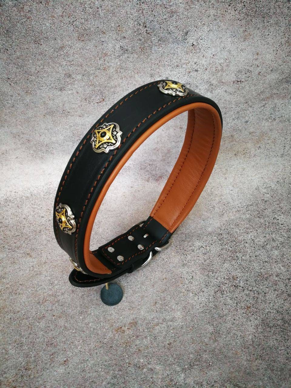 Elegant Leather Padded 2 in Wide Dog Collar for Large Breeds, Unique Leather Collar Decorated with Designer Conchos, Solid Leather Collar