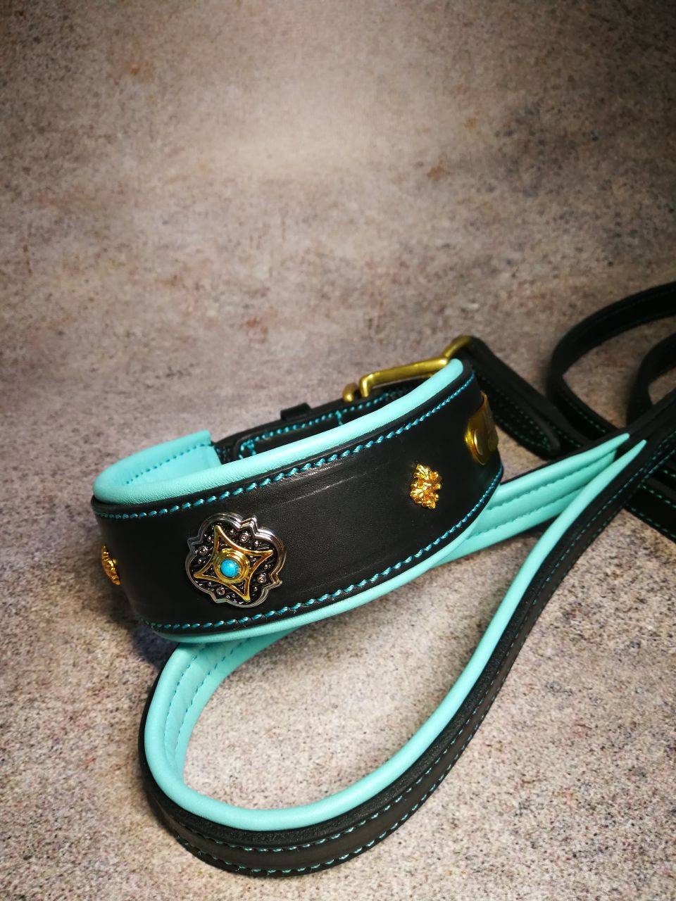 Turquoise Stones Personalized Leather Dog Collar and Leash Set Dog Collar with Turquoise Stones Personalized Collar for Dog Collar with Tag