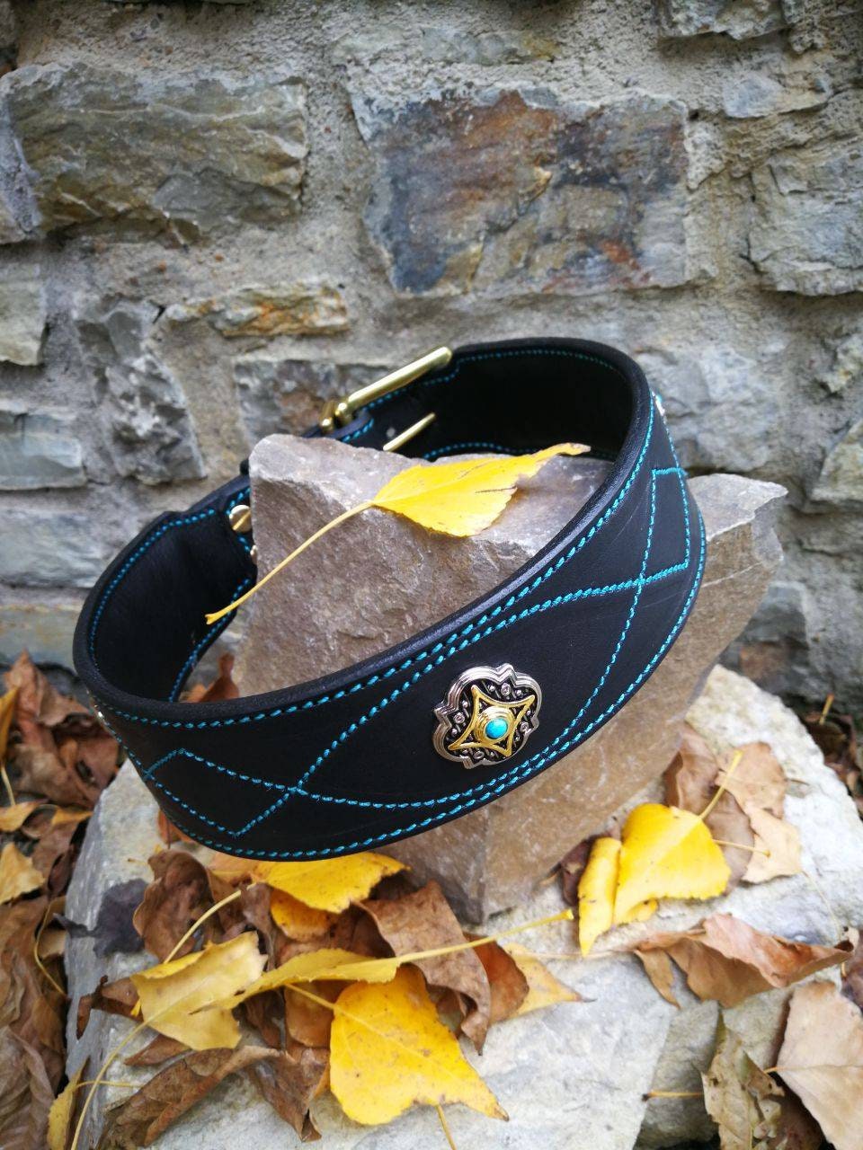 Luxury Turquoise Stitched Black Leather Dog Collar, Decorated faux Turquoise Stones Conchos,wide leather collar for dog, exclusive collar