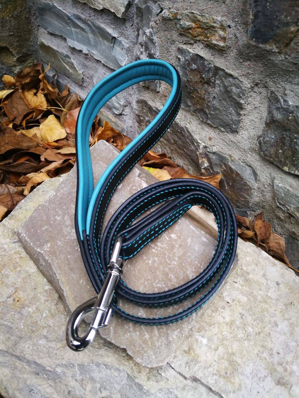 Turquoise Leather Dog Leash with Padded Handle