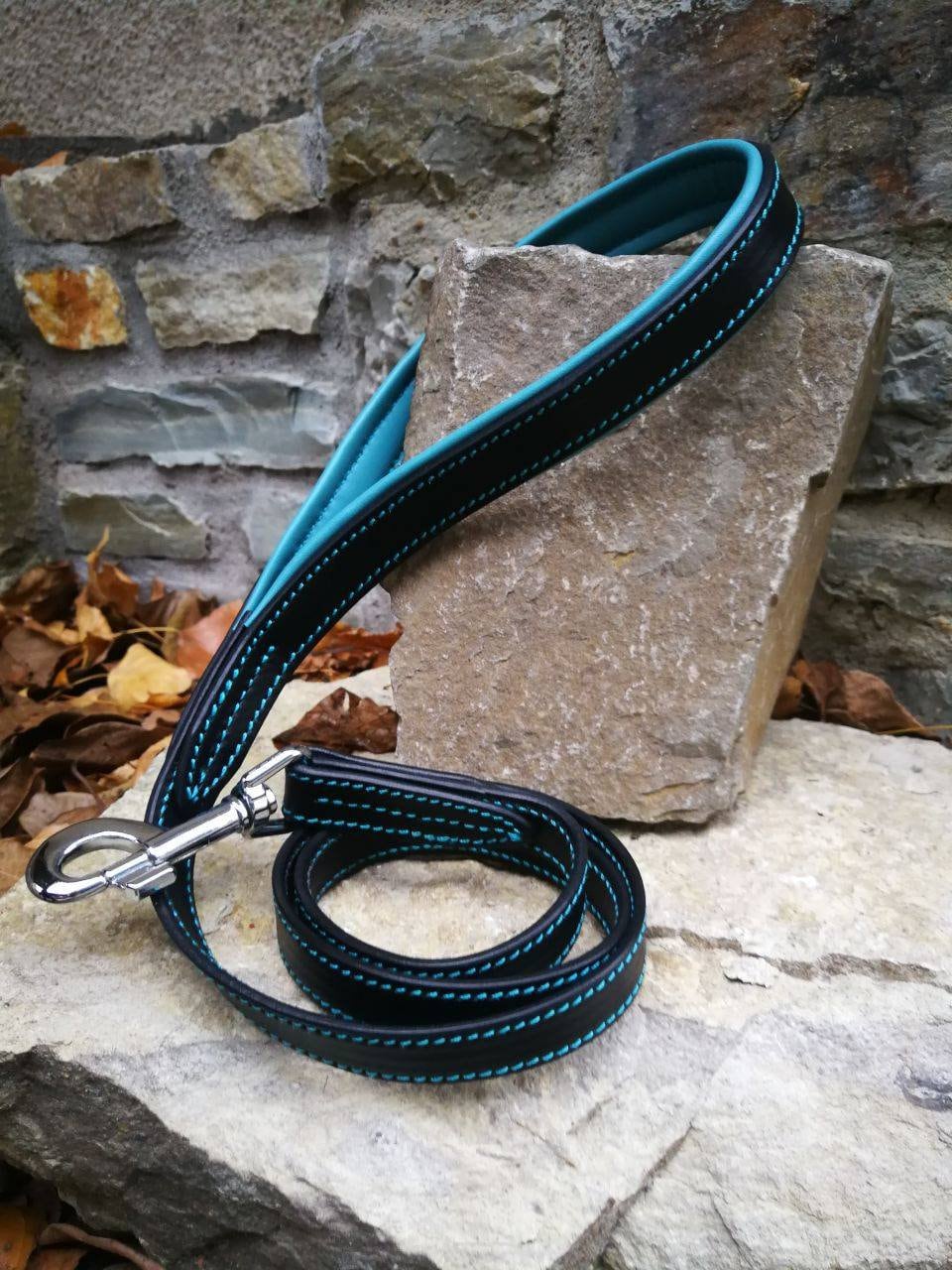 Turquoise Leather Dog Leash with Padded Handle