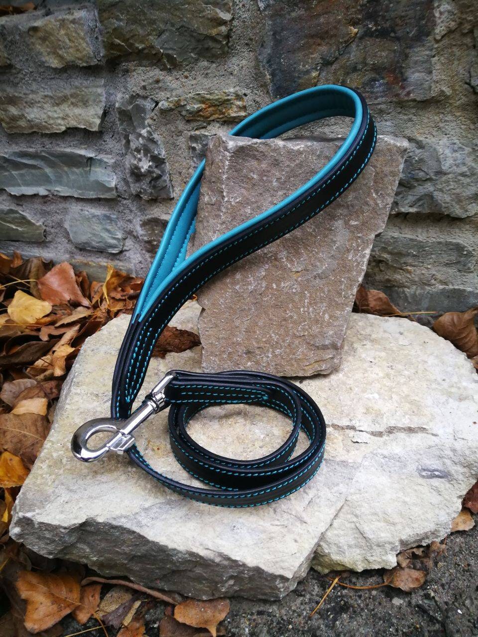 Turquoise Leather Dog Leash with Padded Handle